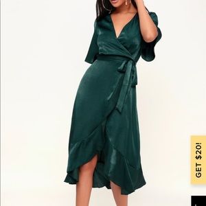 dark green satin wrap midi dress